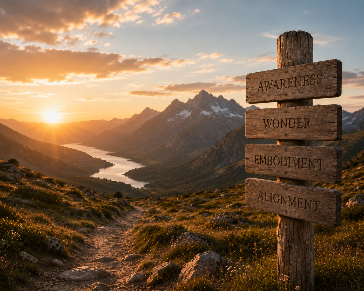 AWExpedition — signpost reading Awareness, Wonder, Embodiment, Alignment